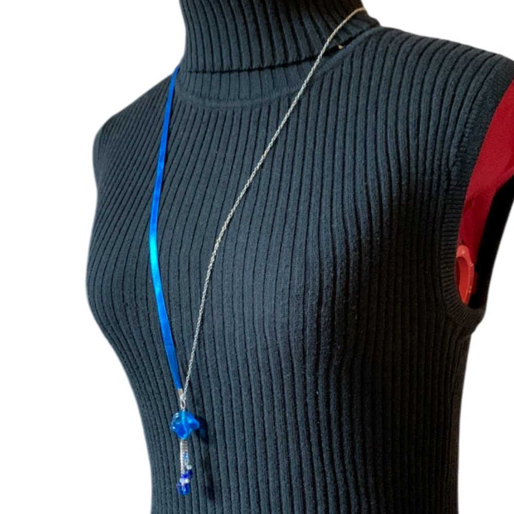 CREATION - Handmade Long Blue Drop Pendant Necklace – Ribbon & Chain Mix